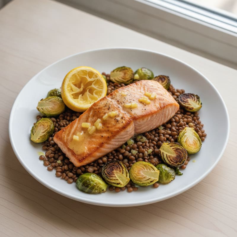 Seared Salmon Fillet with Roasted Brussels Sprouts and Lentils