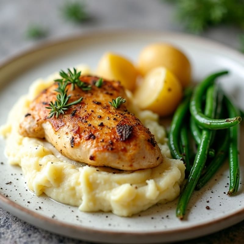 Garlic Herb Roasted Chicken with Creamy Buttery Mashed Potatoes and Crispy Green Beans
