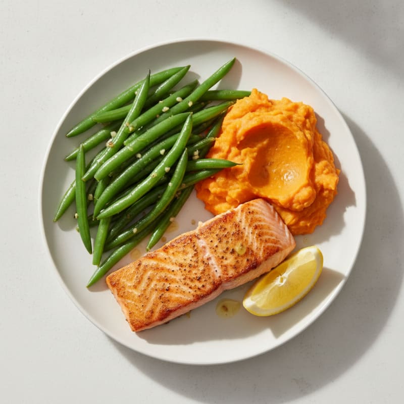 Seared Salmon with Garlic Green Beans and Sweet Potato Mash