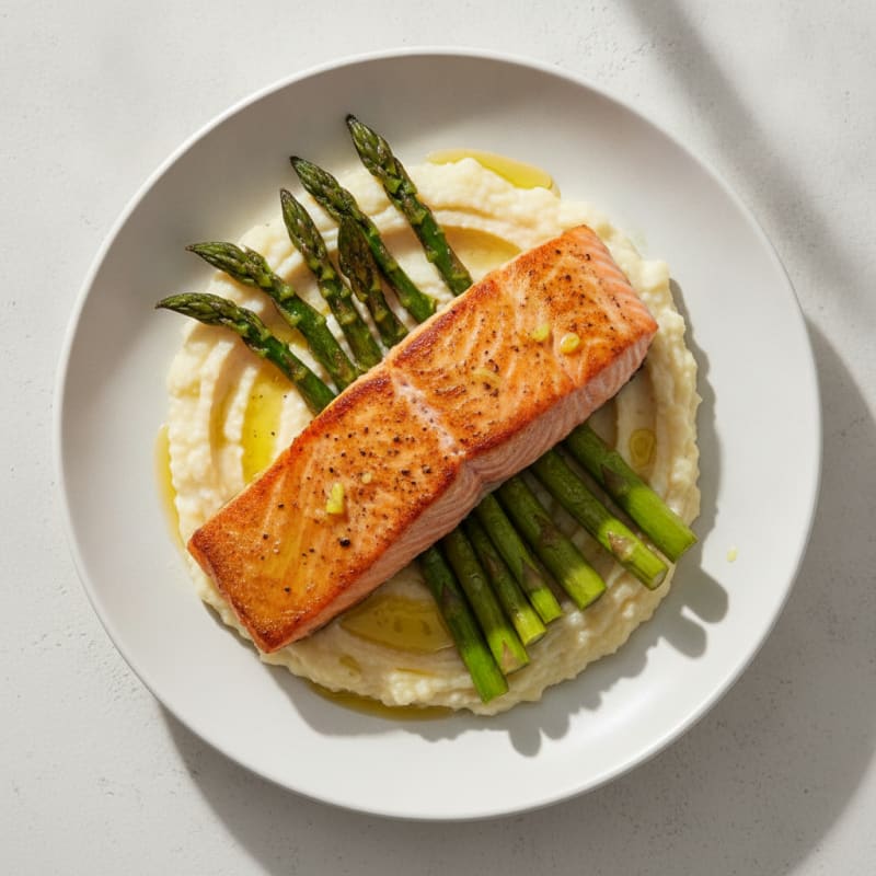 Seared Salmon Fillet with Roasted Asparagus and Cauliflower Mash