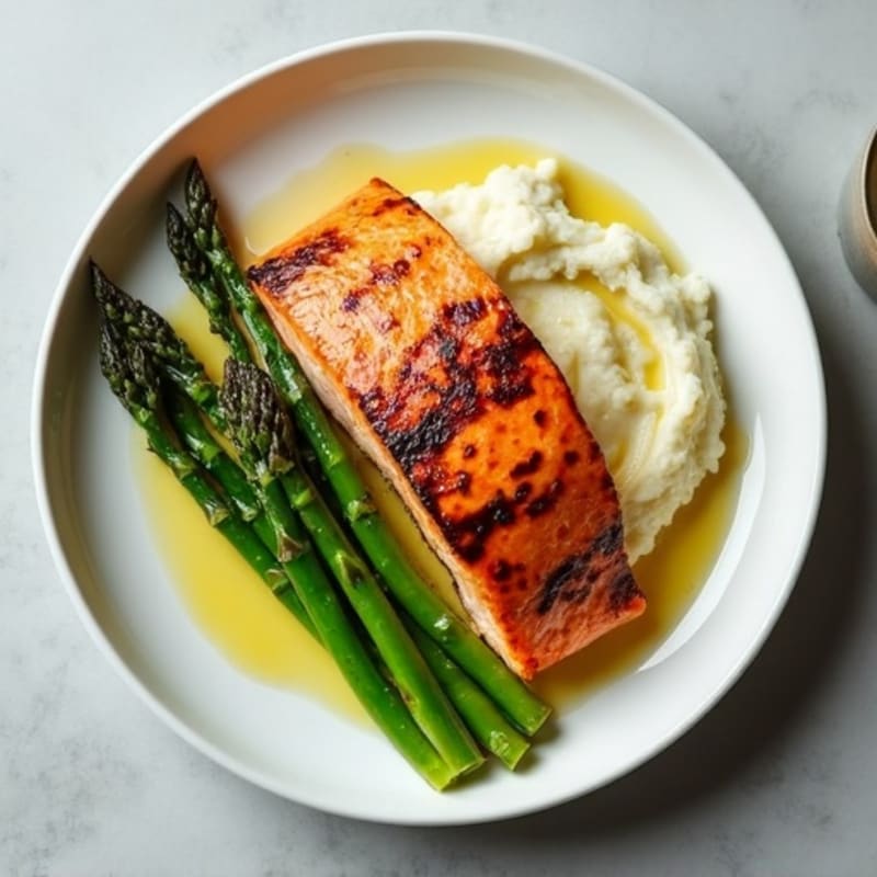 Seared Salmon with Asparagus and Garlic Cauliflower Mash