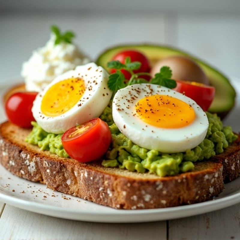Creamy Fresh Avocado on Crispy Whole Grain Toast with Poached Eggs & Cottage Cheese