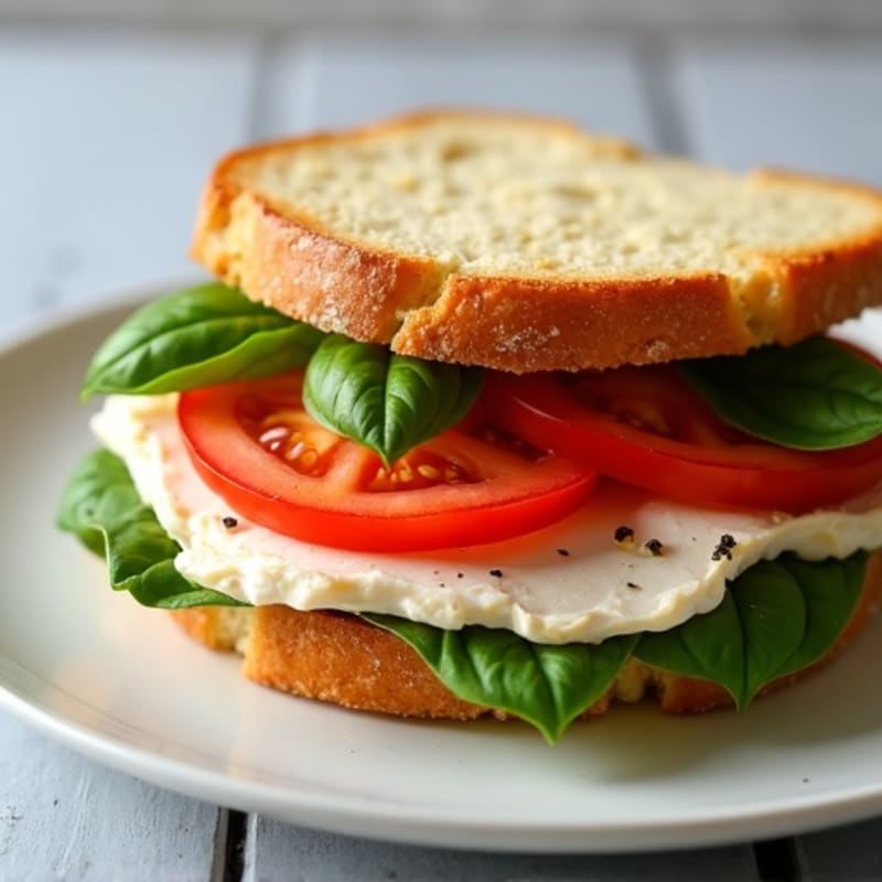 Protein-Packed Fresh Mozzarella Tomato Basil Sandwich on Crispy Baguette