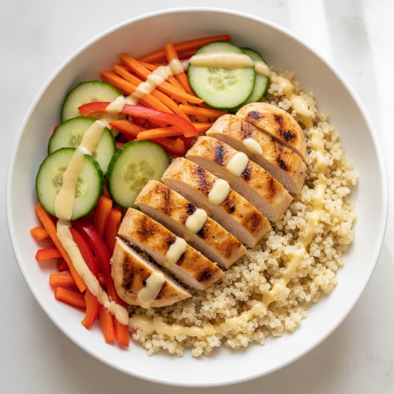Grilled Chicken and Quinoa Bowl with Crunchy Vegetables and Lemon-Tahini Drizzle