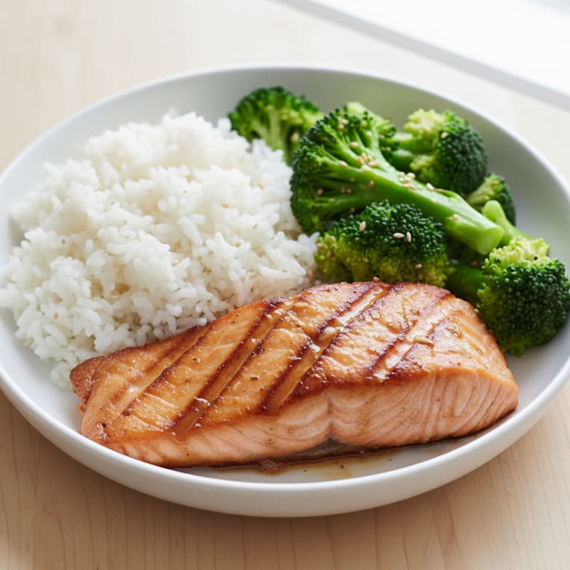 Seared Salmon with Steamed Broccoli and Jasmine Rice