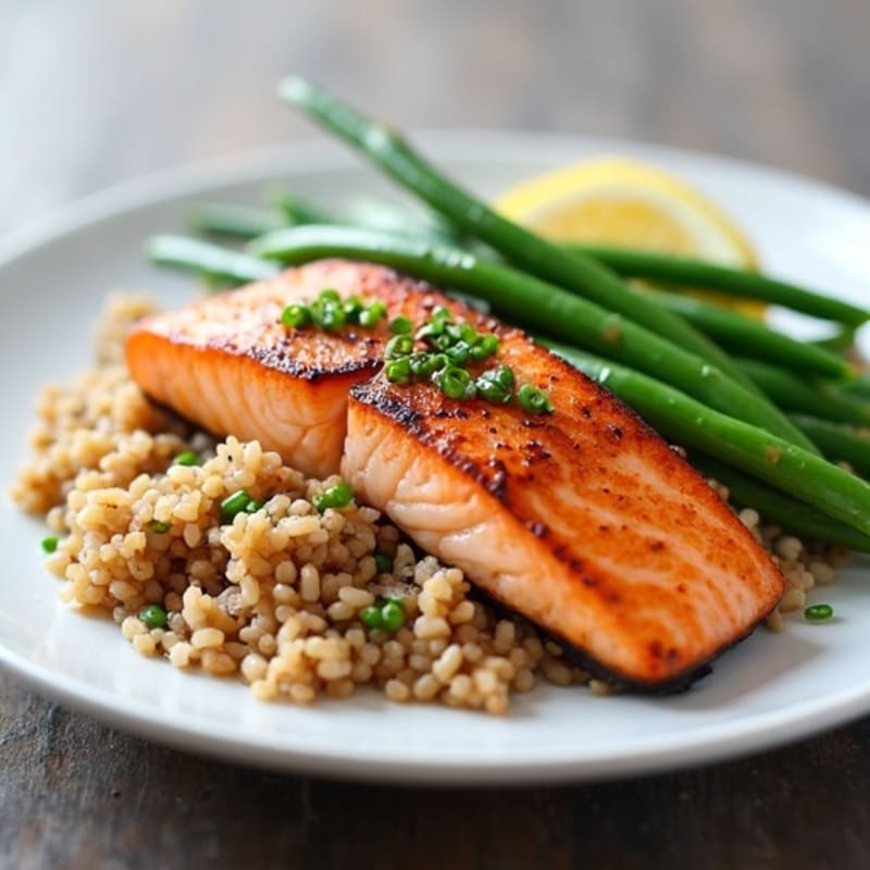Seared Salmon Fillet with Steamed Green Beans and Brown Rice