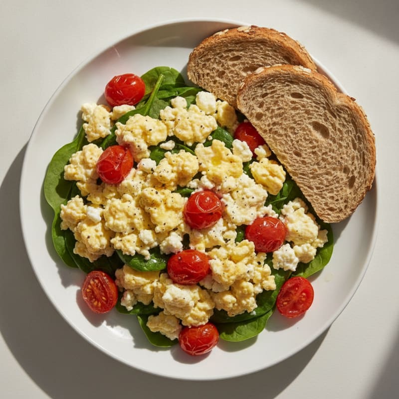 Cottage Cheese Scramble with Sautéed Spinach and Cherry Tomatoes