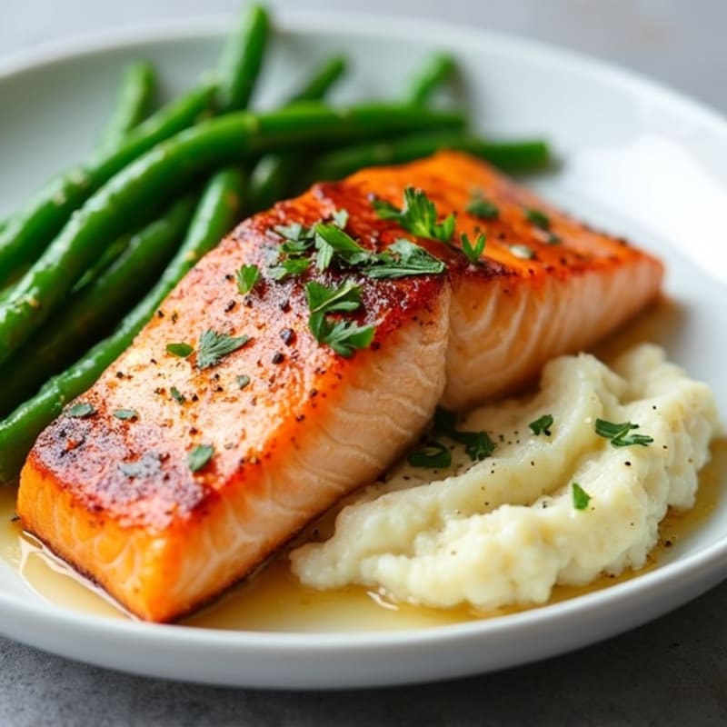 Seared Salmon with Steamed Green Beans and Cauliflower Mash