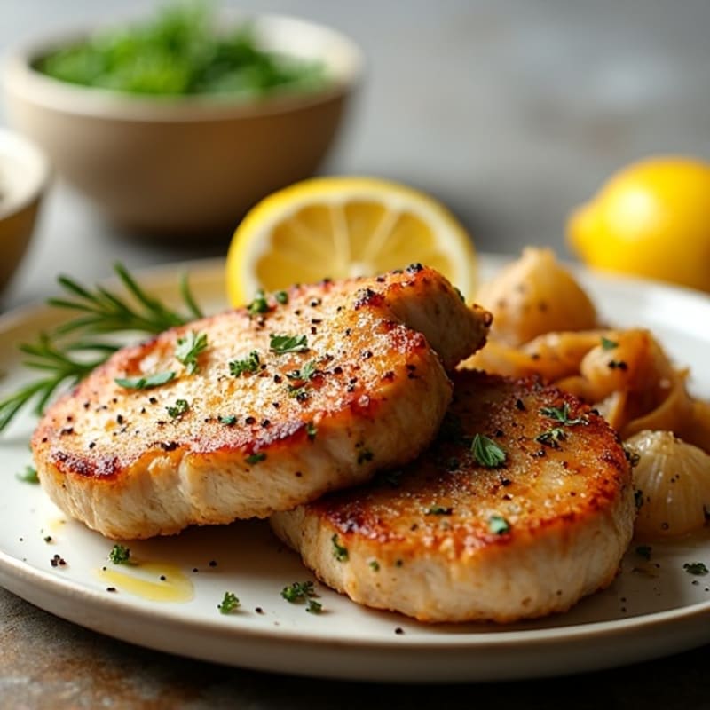 Herb-Crusted Pan Seared Pork Chops with Caramelized Onions