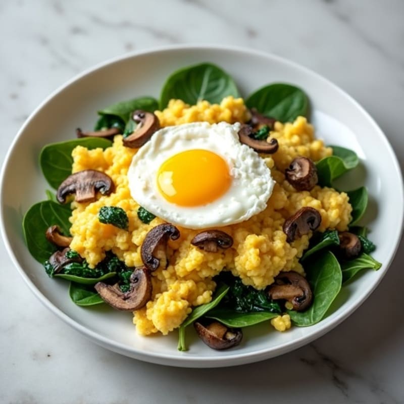 Egg White Spinach Scramble with Cottage Cheese and Sautéed Mushrooms