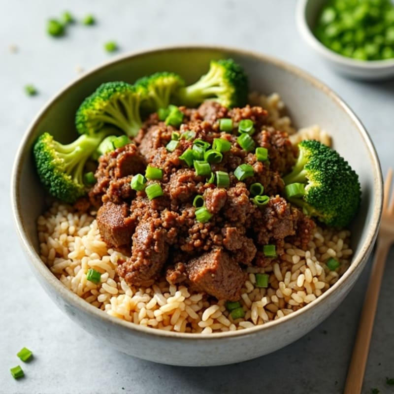 Savory Garlic-Ginger Beef and Crispy Broccoli Rice Bowl