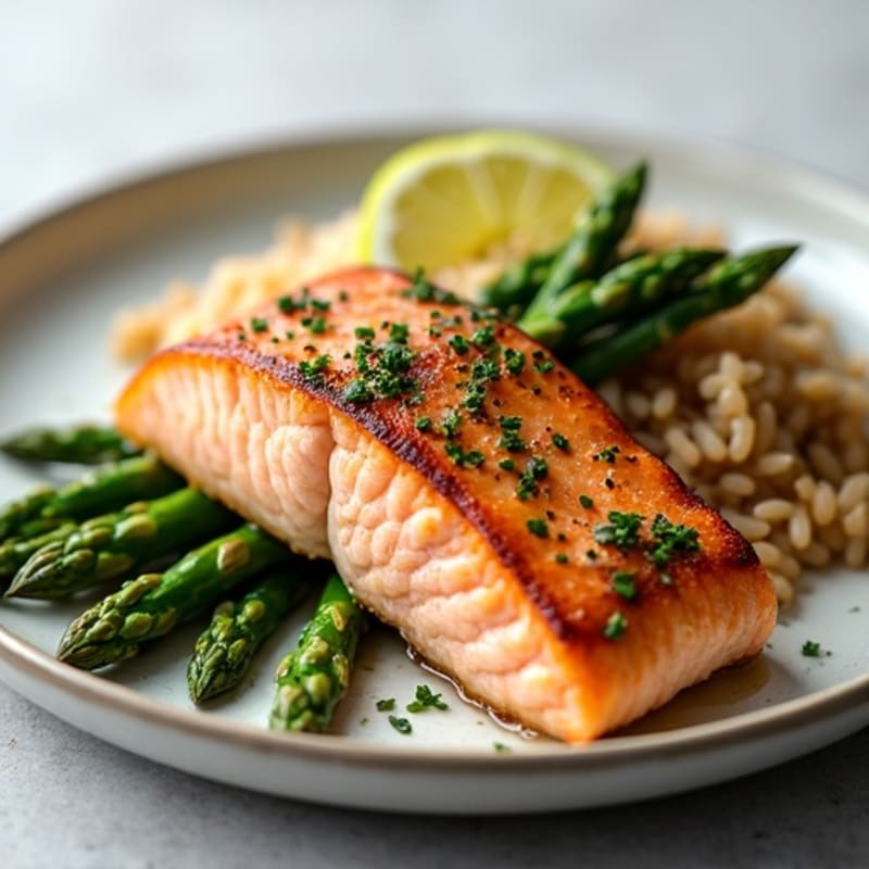 Seared Salmon with Steamed Asparagus and Brown Rice