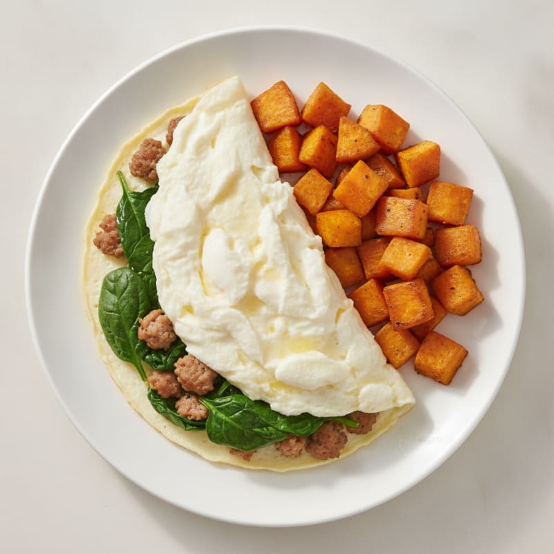 Egg White Spinach Omelette with Turkey Sausage and Roasted Sweet Potatoes