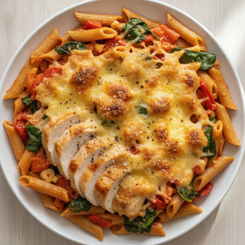 Baked Chicken and Penne with Roasted Red Pepper Sauce