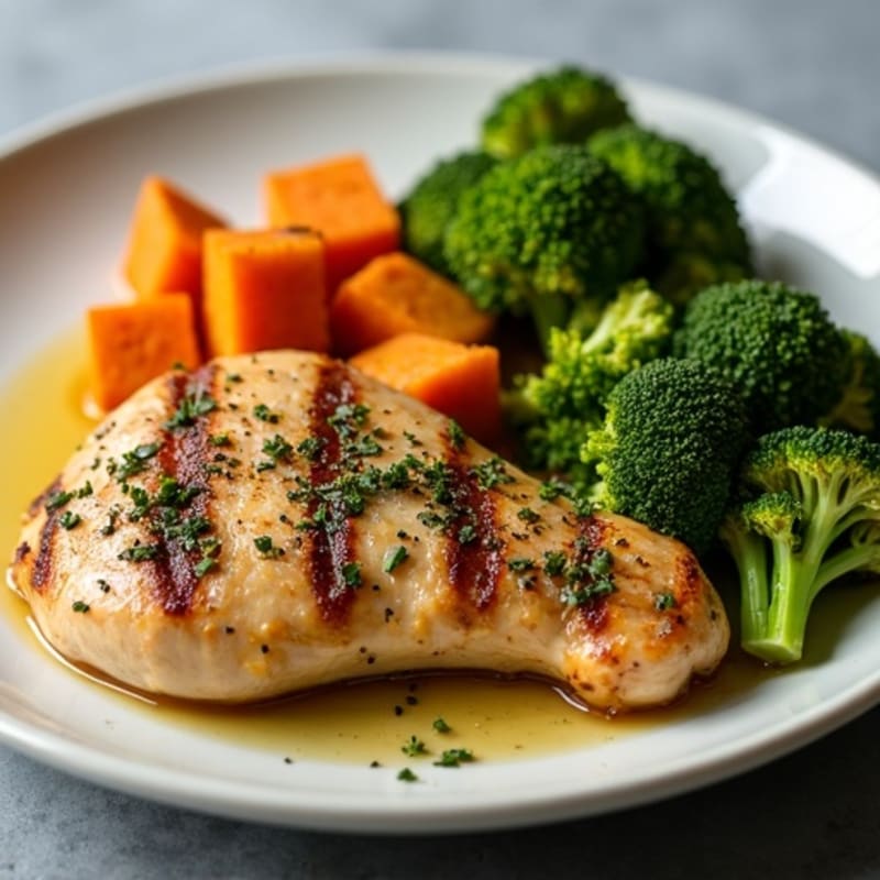 Herb-Crusted Roasted Chicken with Roasted Sweet Potatoes and Broccoli