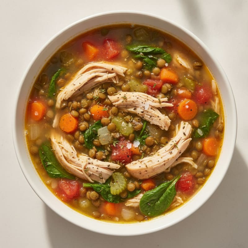 Hearty Vegetable and Lentil Soup with Shredded Chicken