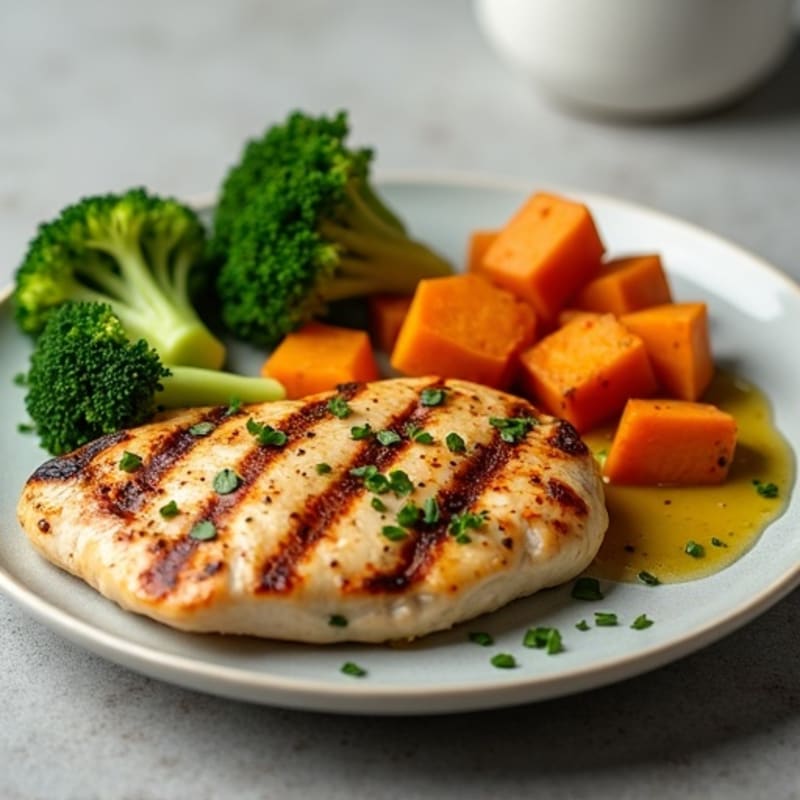 Grilled Chicken Breast with Roasted Sweet Potato and Steamed Broccoli