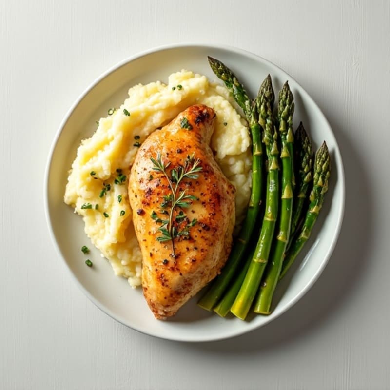 Garlic Herb Roasted Chicken with Buttery Garlic Mashed Potatoes and Roasted Asparagus