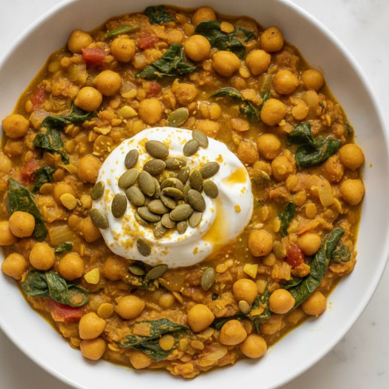 Creamy Lentil and Chickpea Stew with Spinach and Toasted Seeds