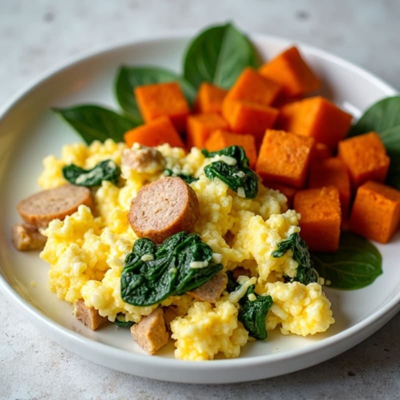 Egg White and Turkey Sausage Scramble with Spinach and Roasted Sweet Potato