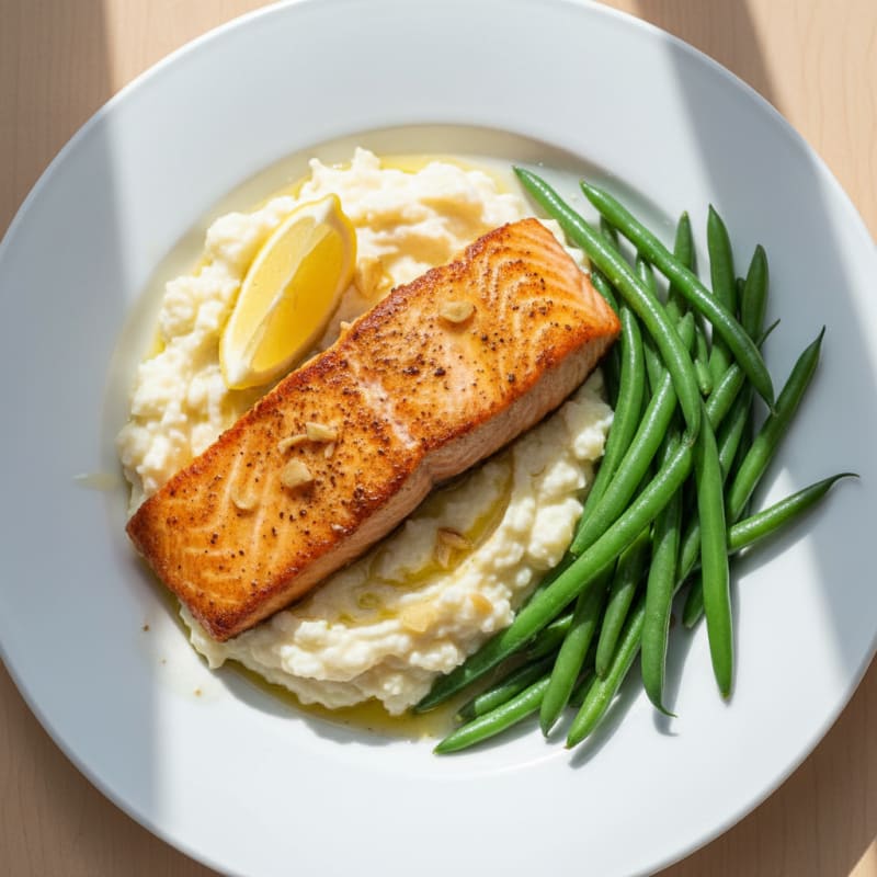 Seared Salmon with Steamed Green Beans and Garlic Mashed Cauliflower
