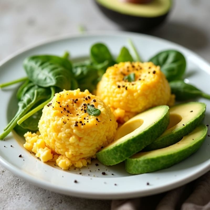 Fluffy Scrambled Eggs with Fresh Spinach and Creamy Avocado