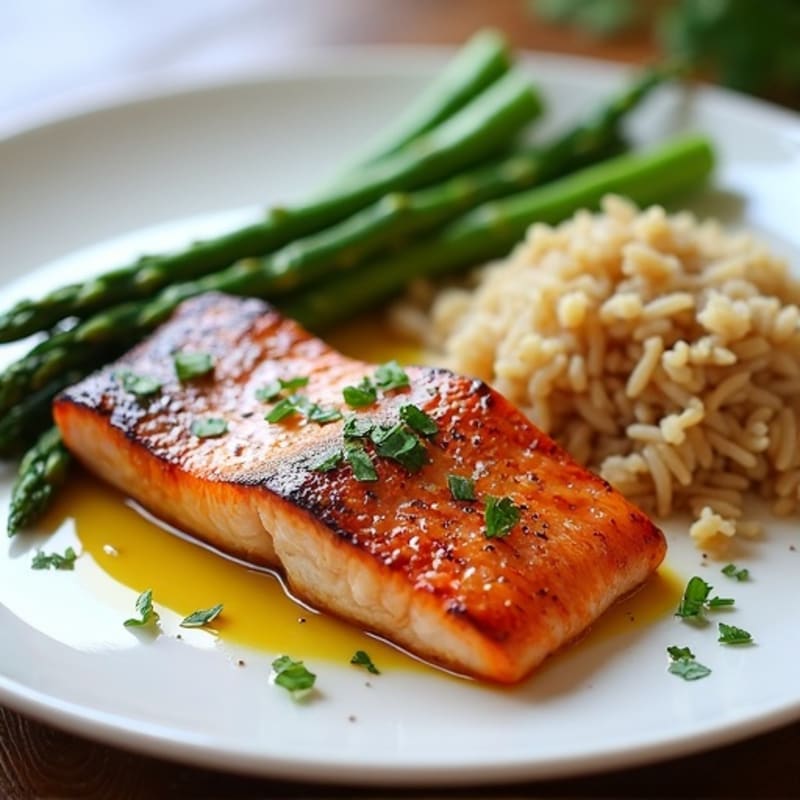 Seared Salmon Fillet with Steamed Asparagus and Brown Rice