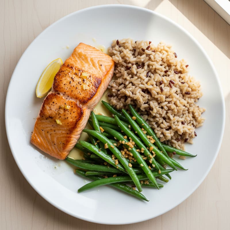 Seared Salmon Fillet with Garlic Green Beans and Brown Rice