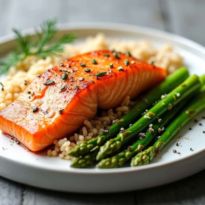 Seared Salmon Fillet with Steamed Asparagus and Brown Rice