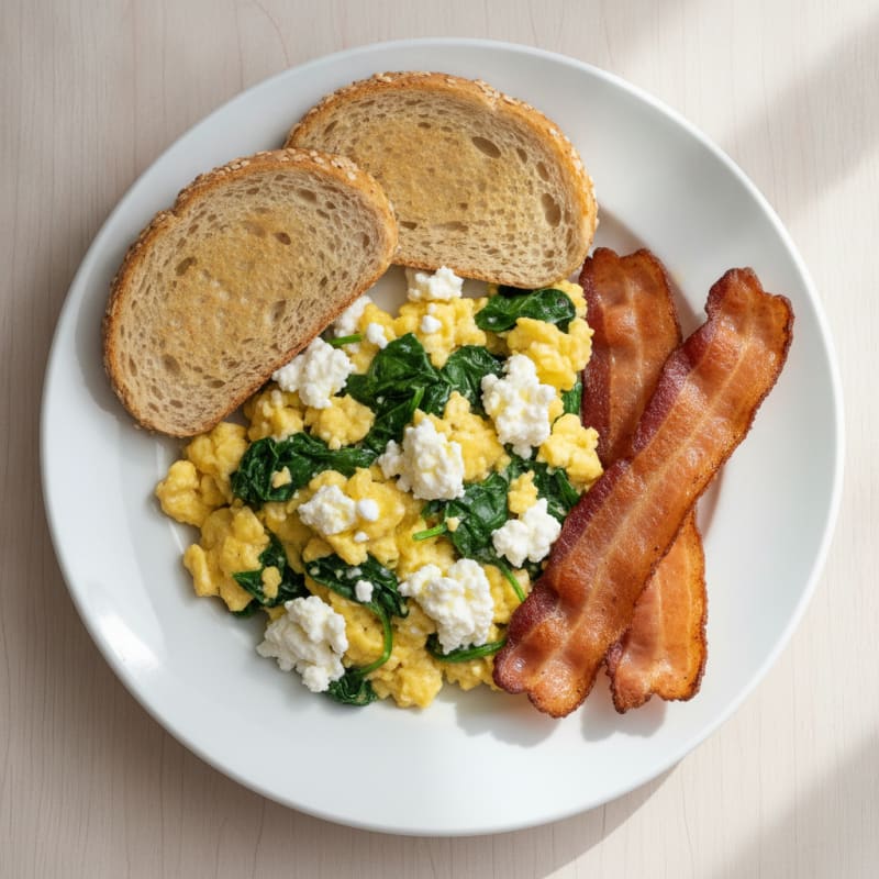 Cottage Cheese Egg Scramble with Spinach and Turkey Bacon