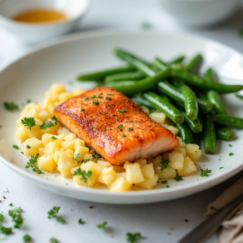 Egg White and Potato Scramble with Sautéed Green Beans & Salmon