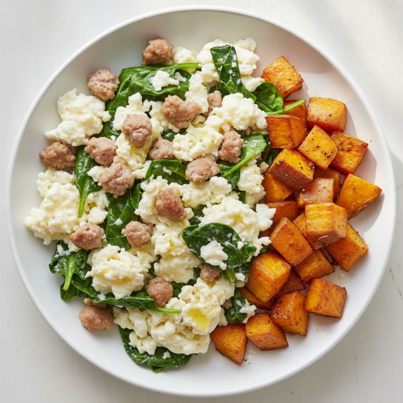 Egg White and Turkey Sausage Scramble with Spinach and Roasted Sweet Potato
