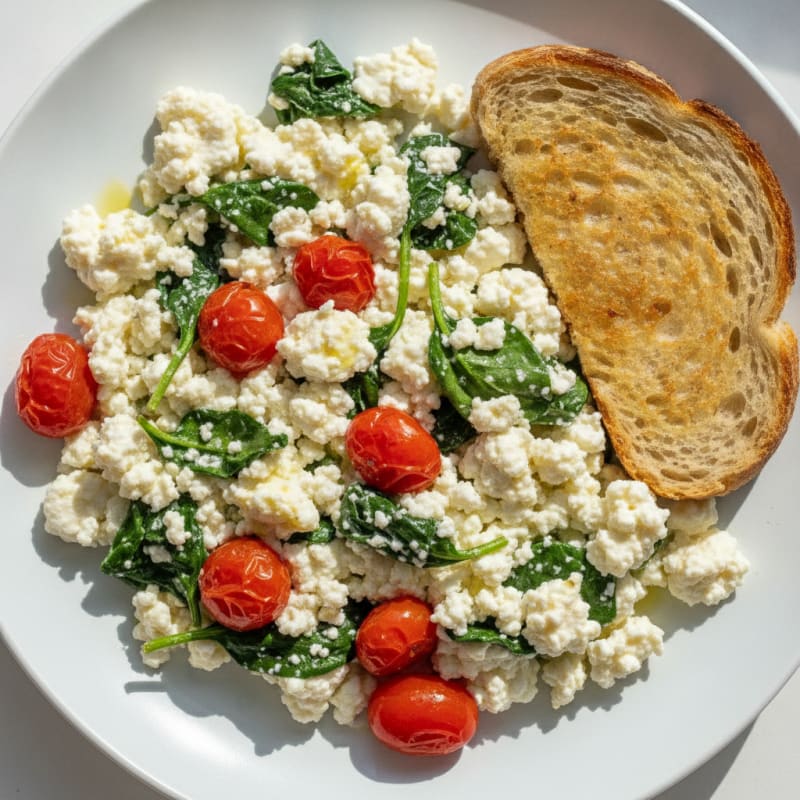 Egg White and Cottage Cheese Scramble with Spinach and Cherry Tomatoes