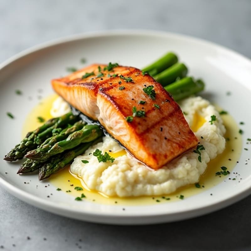 Seared Salmon Fillet with Roasted Asparagus and Cauliflower Mash