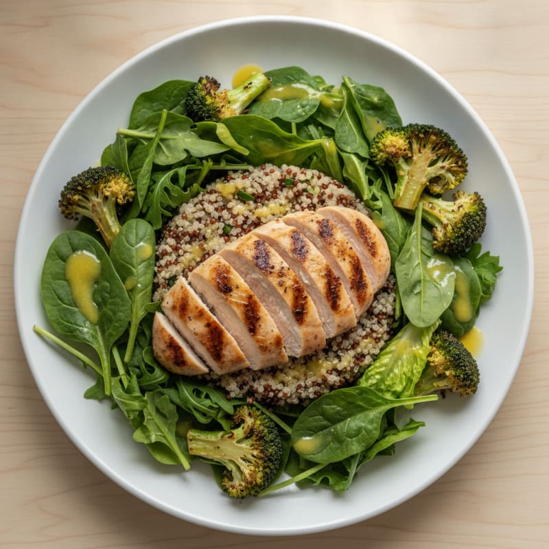 Grilled Chicken Breast Salad with Quinoa and Roasted Broccoli