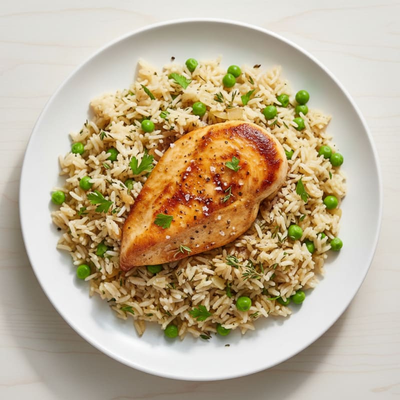 Savory Herbed Rice Pilaf with Peas and Seared Chicken