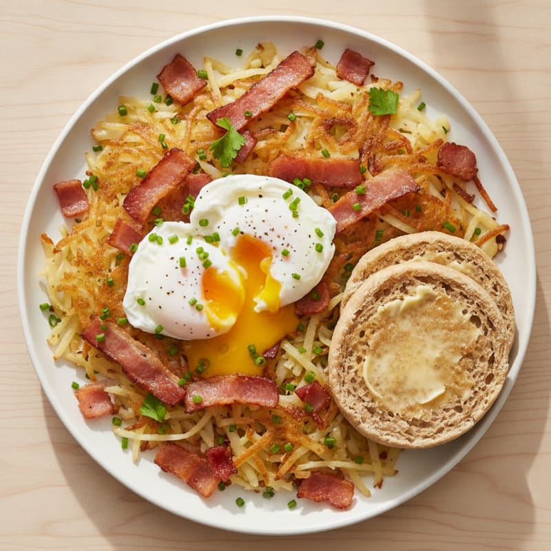 Egg and Bacon Hash Browns with Toasted English Muffin