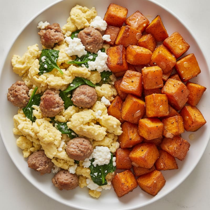 Cottage Cheese Scramble with Turkey Sausage and Roasted Sweet Potatoes