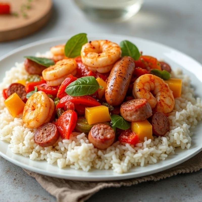 Hearty Spicy Chicken, Sausage, and Shrimp with Rice and Vegetables