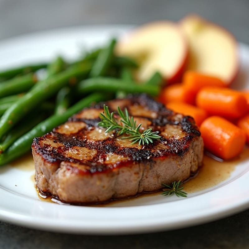 Seared Sirloin Steak with Garlic Green Beans, Roasted Carrots & Apple Slices