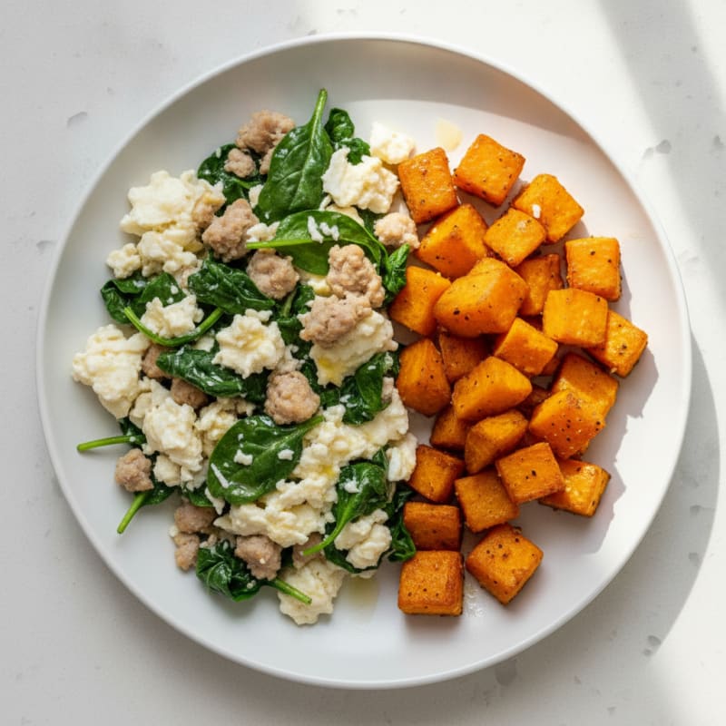 Egg White and Turkey Sausage Scramble with Spinach and Roasted Sweet Potatoes