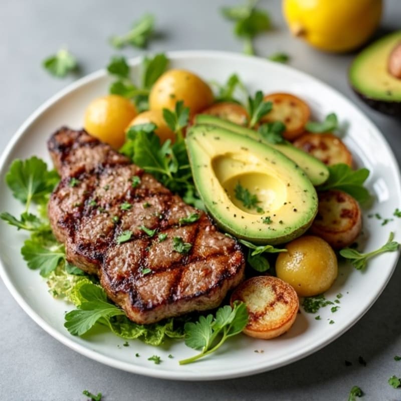 Grilled Steak and Roasted Potato Salad with Creamy Avocado Dressing
