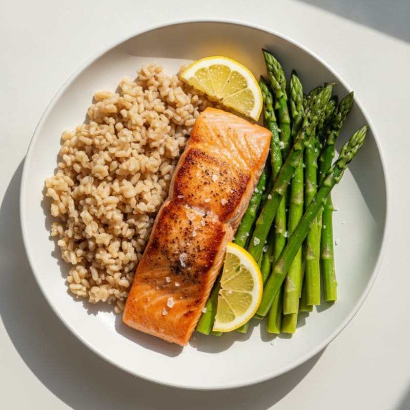 Seared Salmon with Steamed Asparagus and Brown Rice