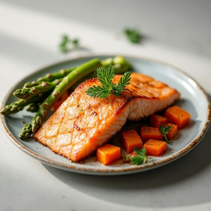 Seared Salmon with Roasted Sweet Potatoes and Asparagus