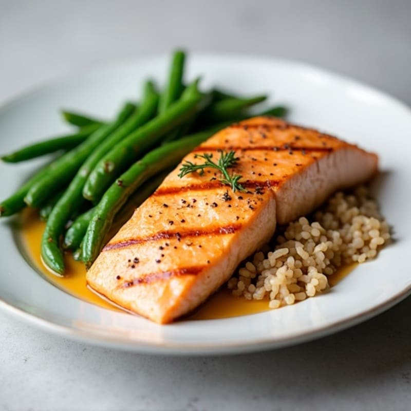 Seared Salmon Fillet with Steamed Green Beans and Brown Rice