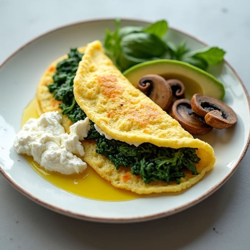 Egg White Spinach Omelette with Cottage Cheese and Sautéed Mushrooms