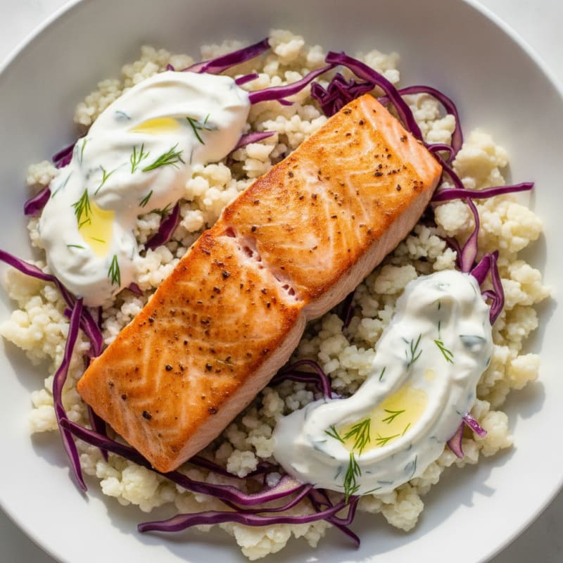 Seared Salmon and Cauliflower Rice Bowl with Crunchy Cabbage and Herb Yogurt Sauce