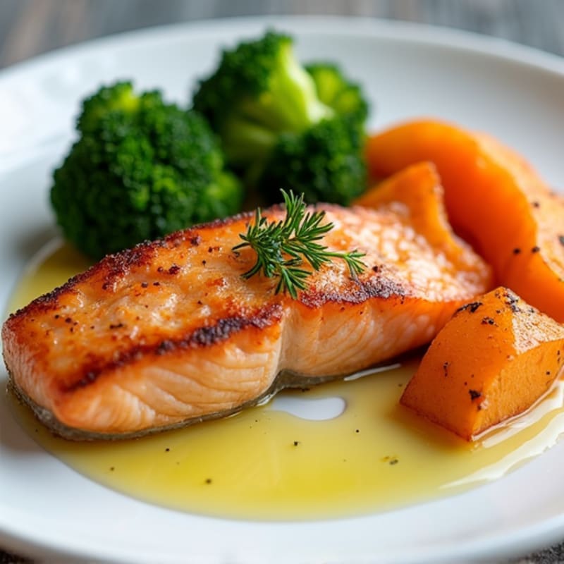 Seared Salmon with Roasted Sweet Potato and Steamed Broccoli
