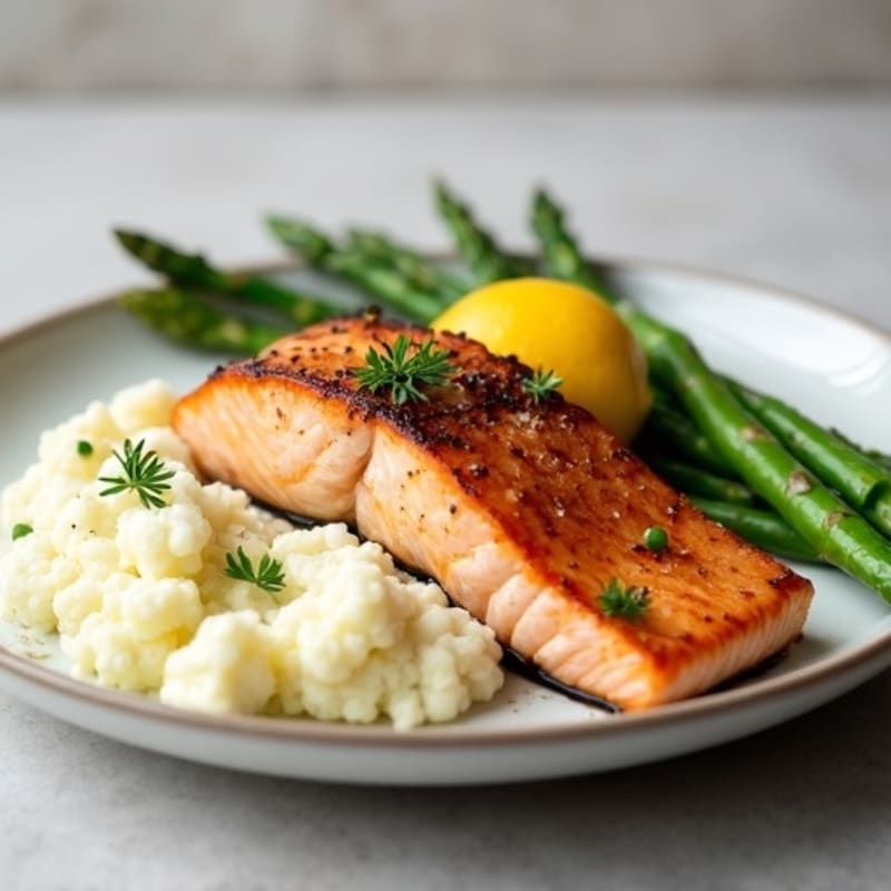 Seared Salmon with Steamed Asparagus and Garlic Mashed Cauliflower