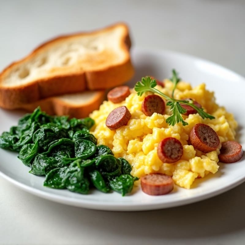 Egg White Scramble with Turkey Sausage and Sautéed Spinach